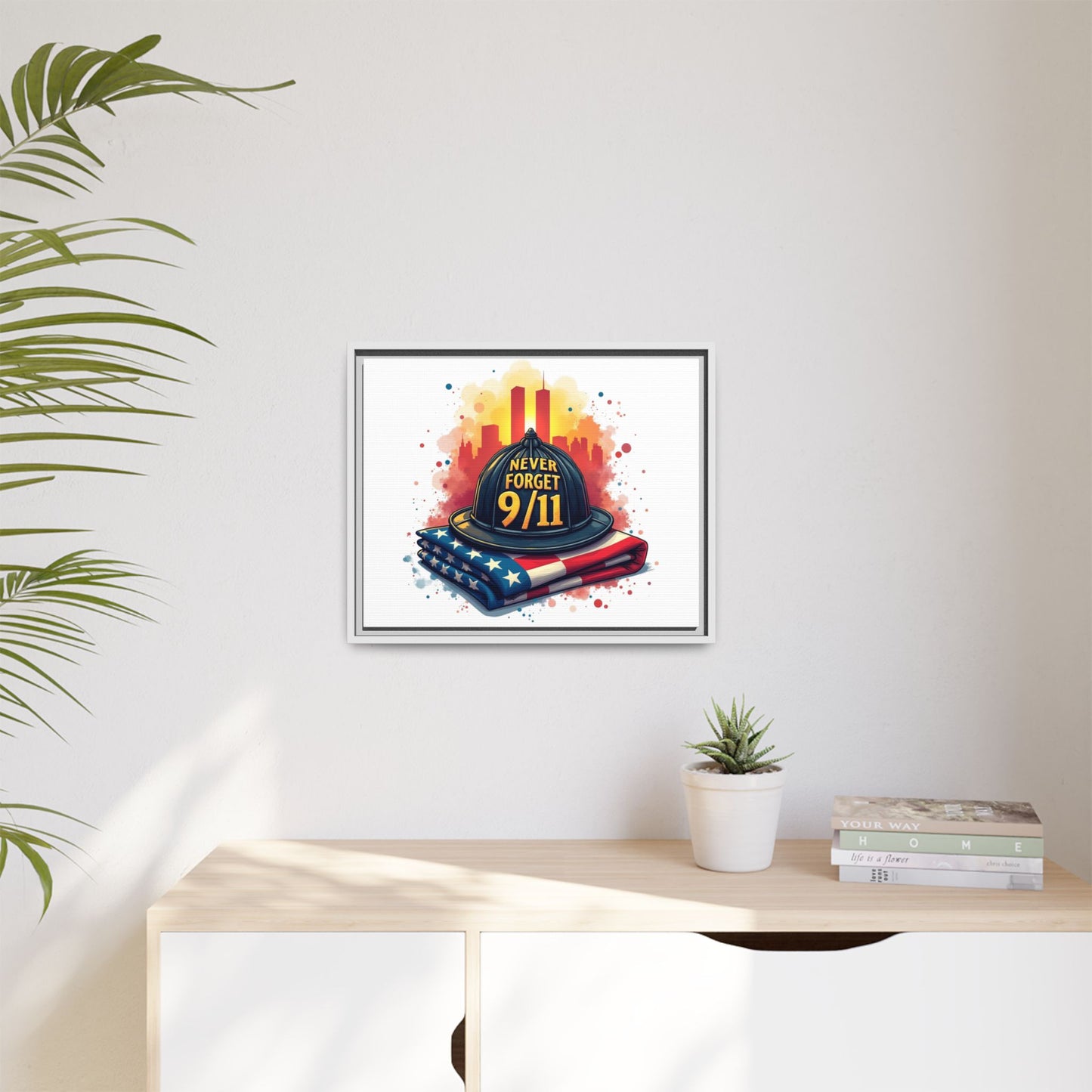 Never Forget 9/11 Framed Canvas Print — Firefighter Helmet & American Flag Memorial Art