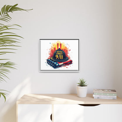 Never Forget 9/11 Framed Canvas Print — Firefighter Helmet & American Flag Memorial Art