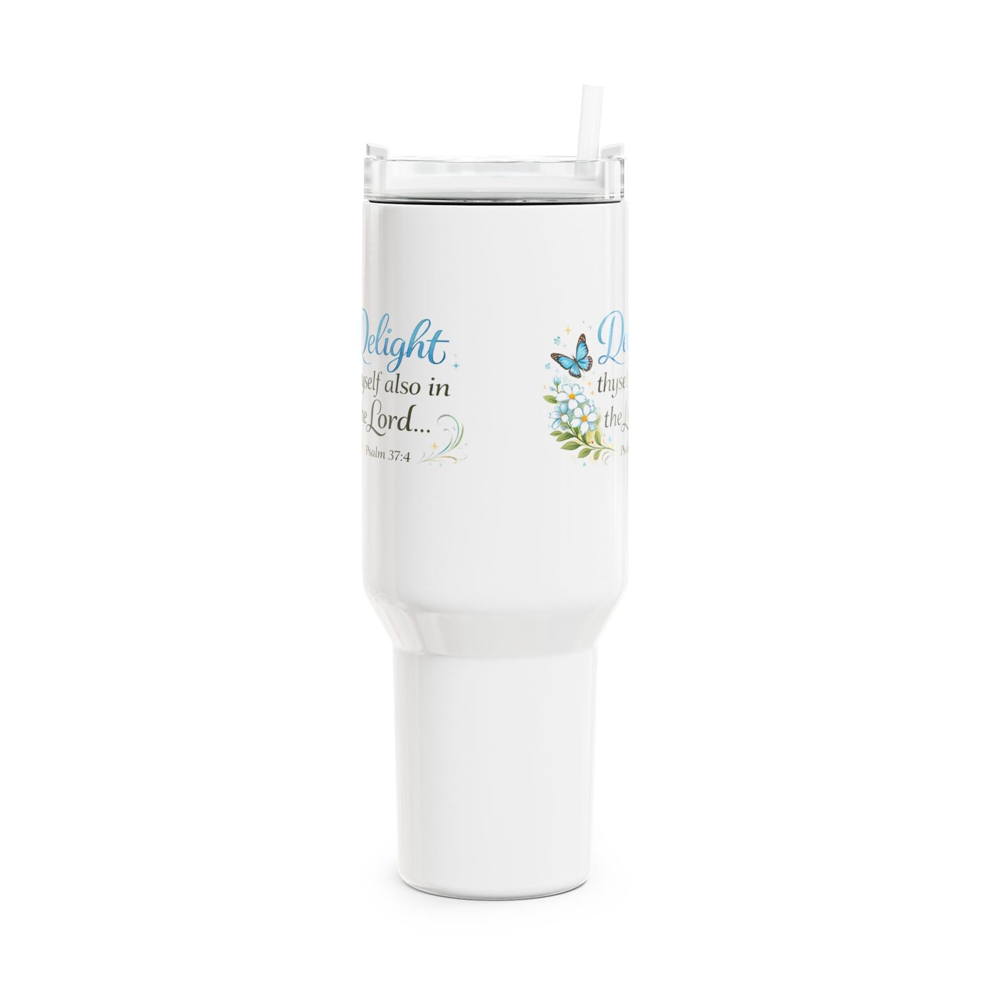 Scripture Tumbler 40oz — "Delight thyself also in the Lord" Floral Butterfly Travel Cup