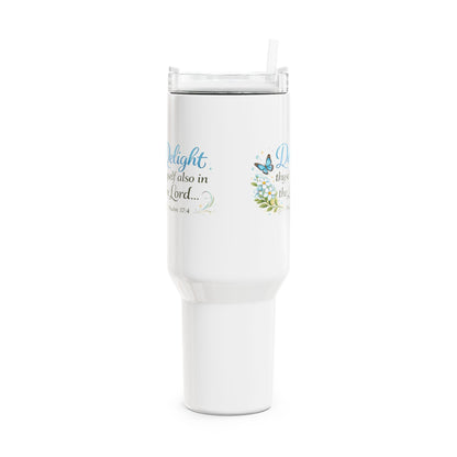Scripture Tumbler 40oz — "Delight thyself also in the Lord" Floral Butterfly Travel Cup