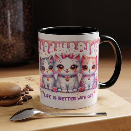 Cute Pastel Kawaii Cat Mug – "Life Is Better With Cats" Accent Coffee Cup (11/15 oz)
