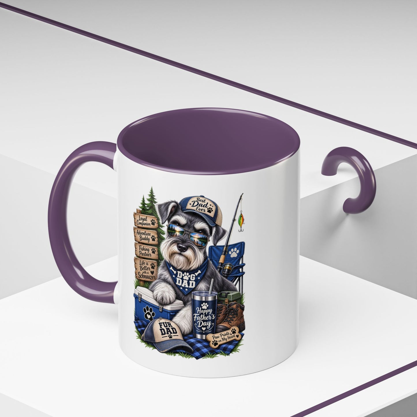 Schnauzer Dad Accent Coffee Mug – "Dog Dad" Camping Paw Print Design (11/15oz)