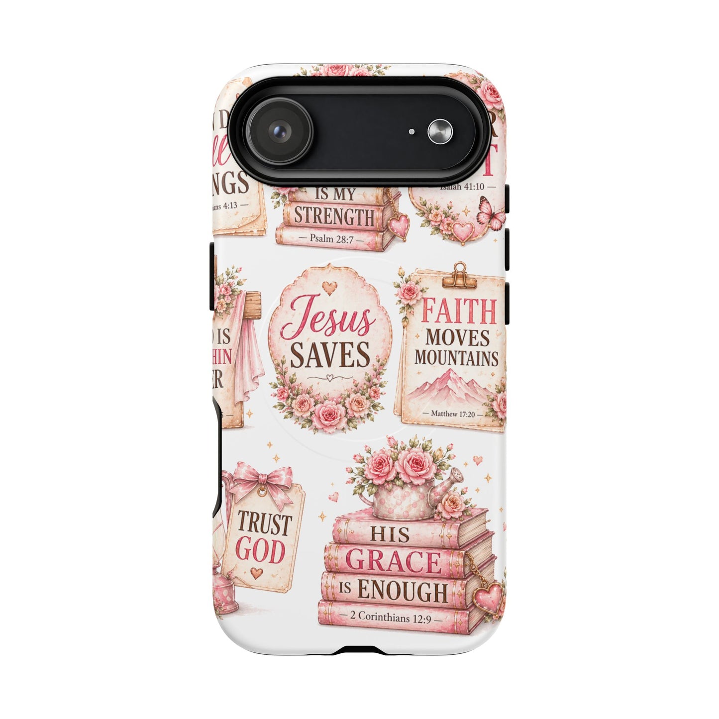 Christian Faith iPhone Tough Magnetic Case — 'Jesus Saves' Floral Scripture Design (Fear Not, Faith Moves Mountains)