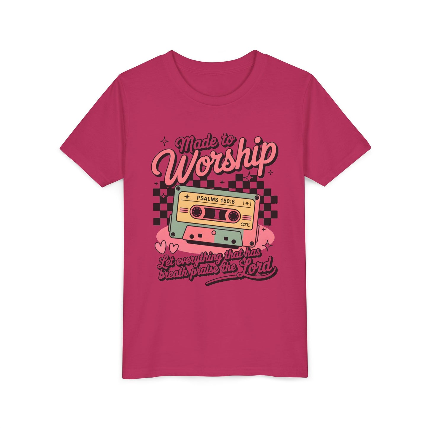 Made to Worship Youth Tee – Retro Cassette Christian Kids Shirt (Psalms 100:4)