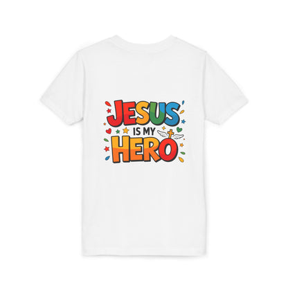 Youth Tee — "Jesus Is My Hero" Colorful Kids Christian T-Shirt