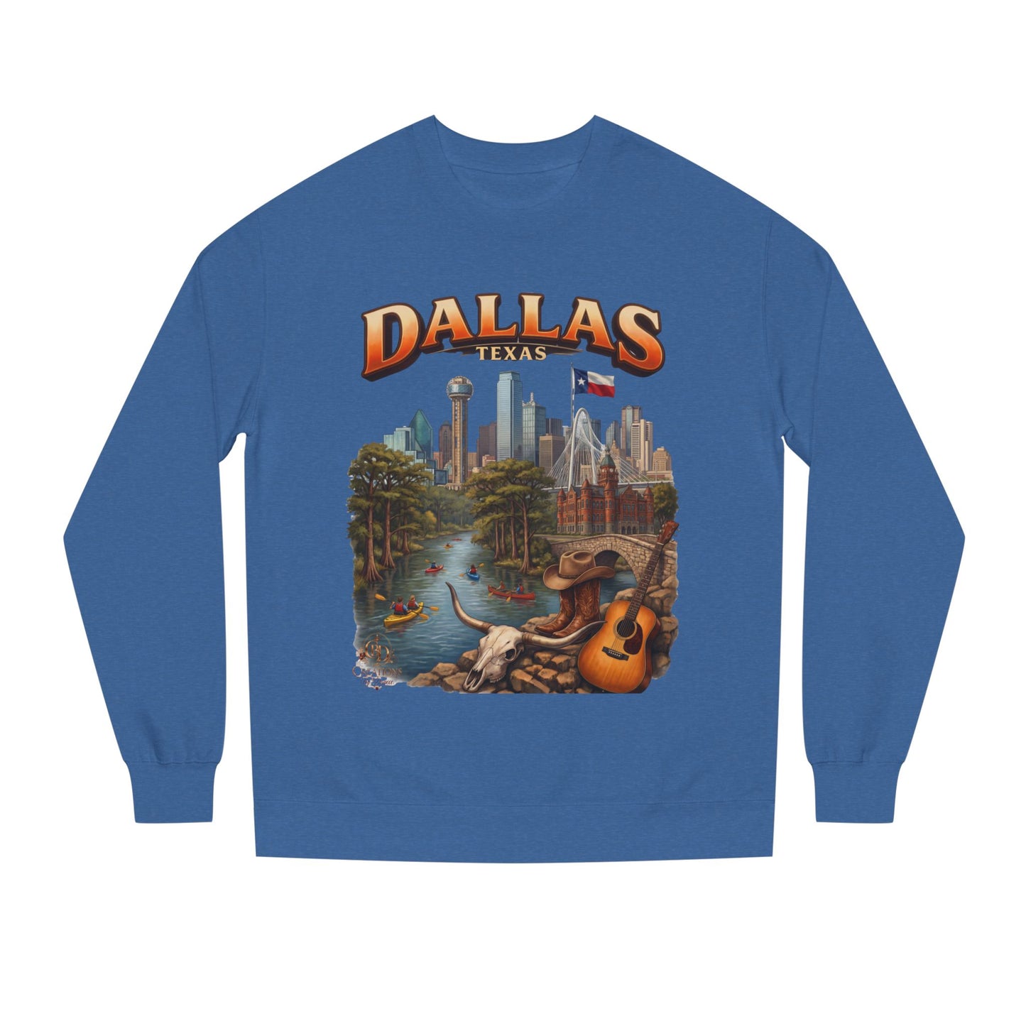 Dallas Skyline Crewneck Sweatshirt — Texas Cityscape & Acoustic Guitar Design