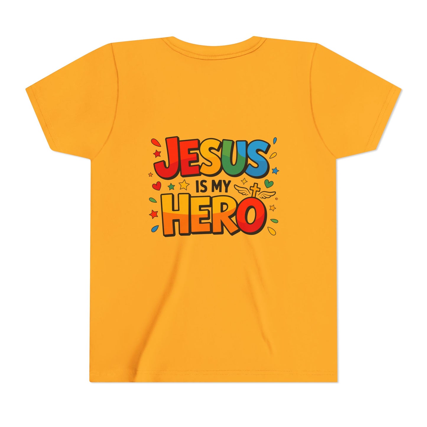 Youth Tee — "Jesus Is My Hero" Colorful Kids Christian T-Shirt