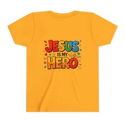 Youth Tee — "Jesus Is My Hero" Colorful Kids Christian T-Shirt