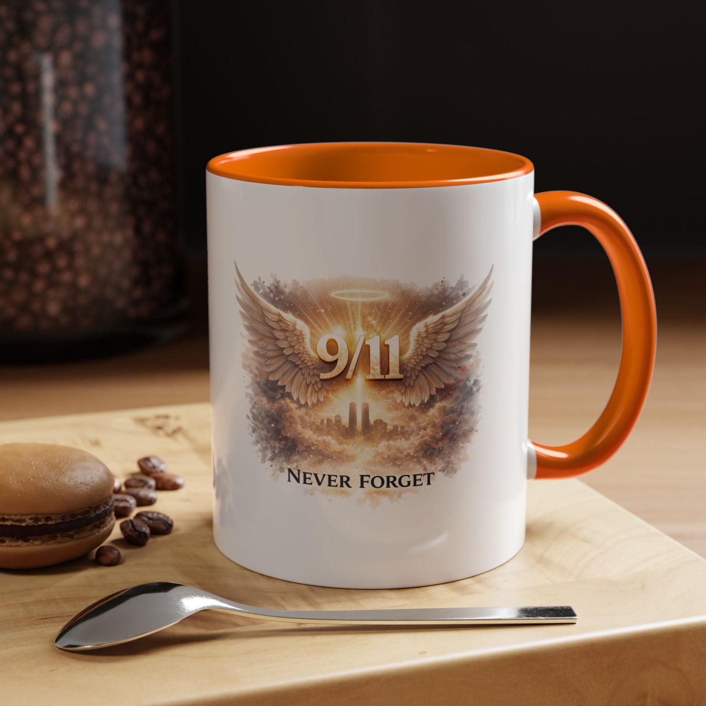 9/11 Never Forget Accent Coffee Mug — Memorial Tribute Ceramic Mug