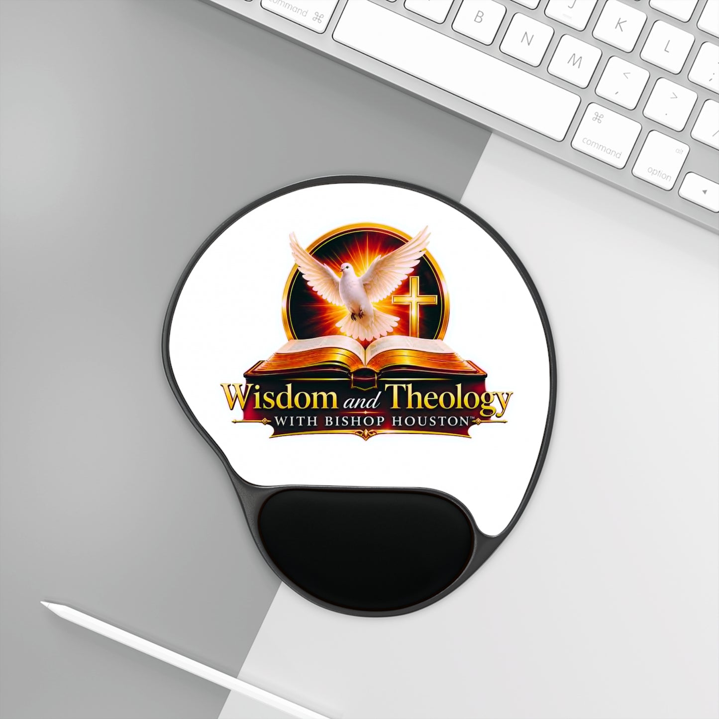 Wisdom & Theology Mouse Pad with Wrist Rest — Christian Dove & Cross Design