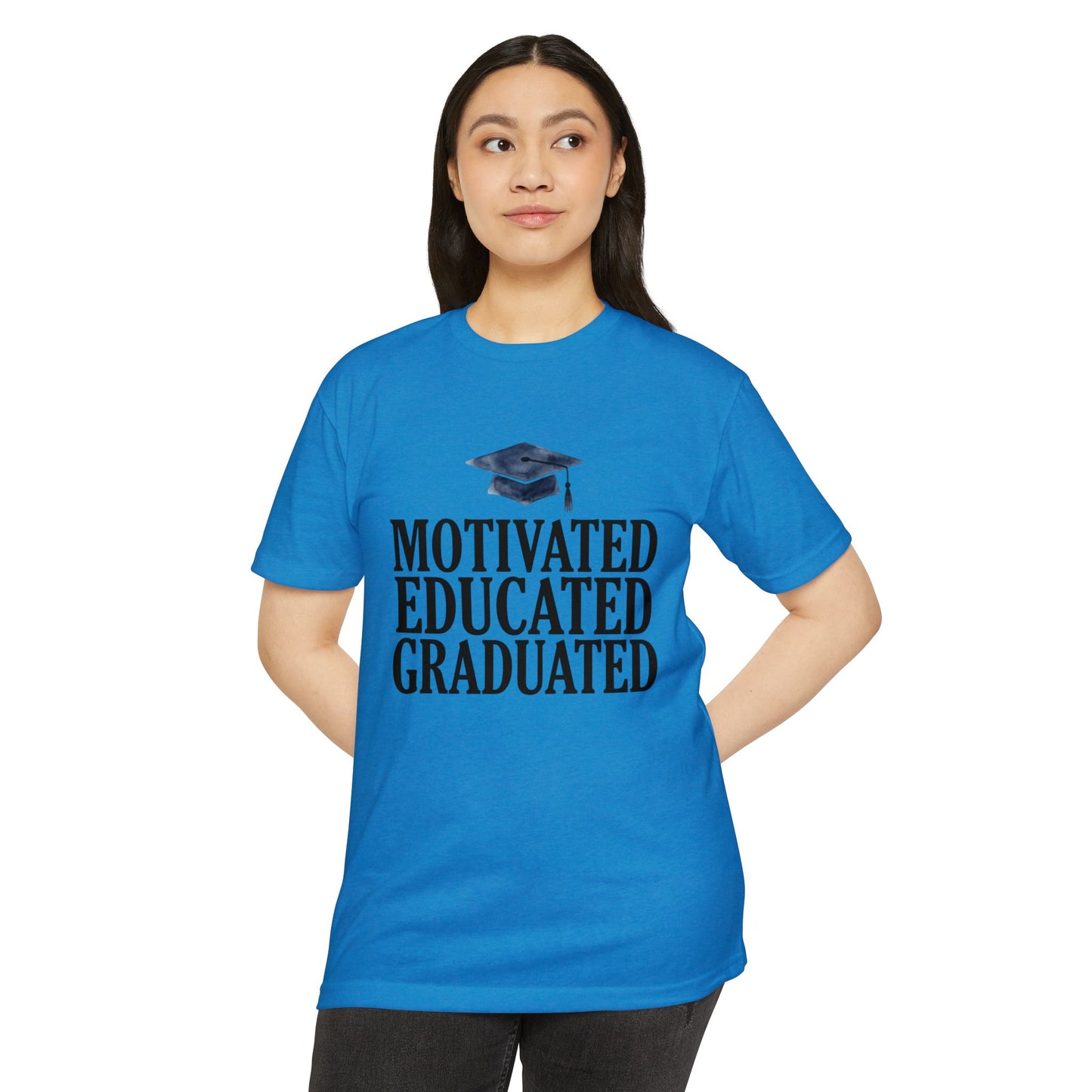 Graduation Tee — "Motivated Educated Graduated" Cap Design