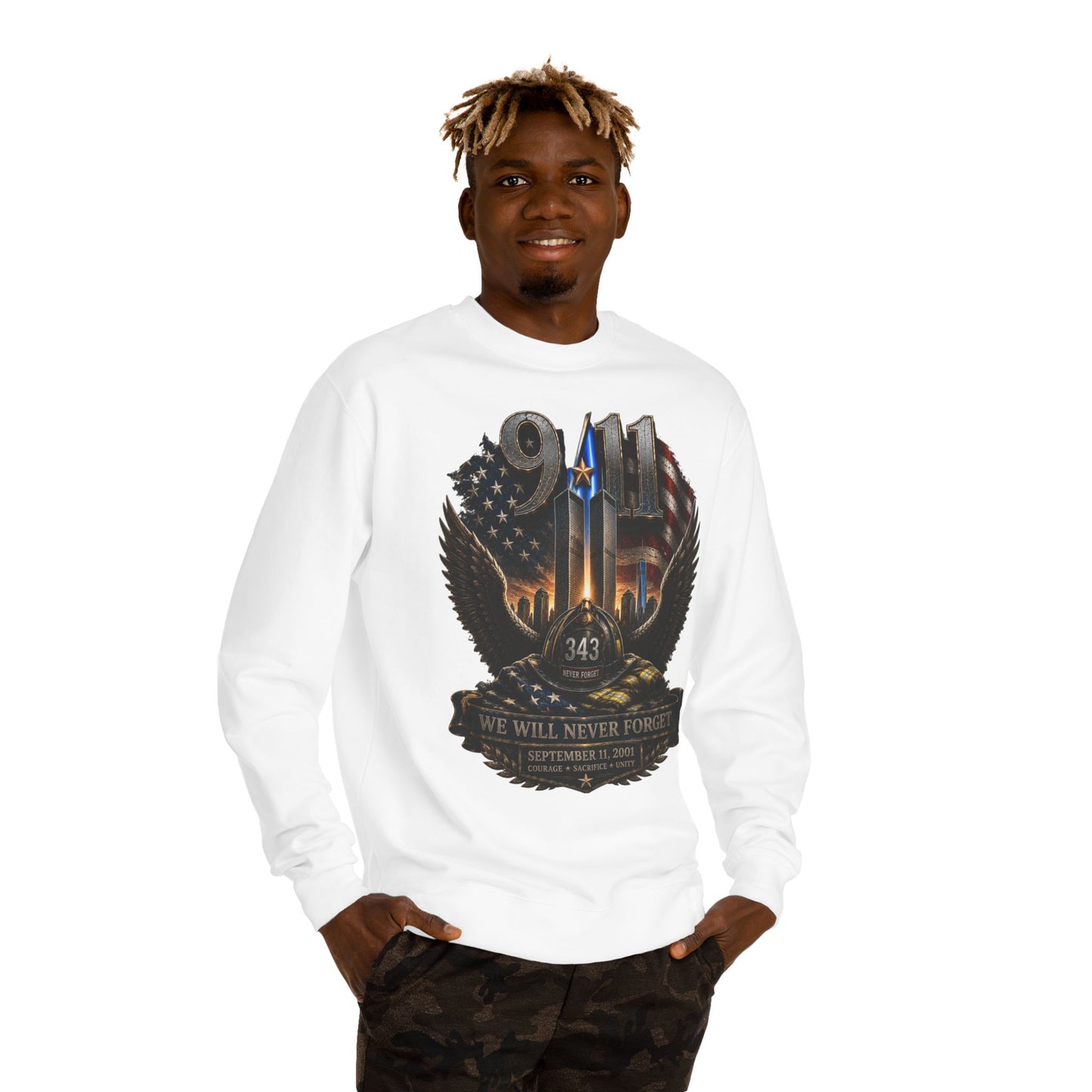 9/11 We Will Never Forget Crewneck Sweatshirt – Memorial Tribute