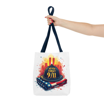 Never Forget 9/11 Memorial Tote Bag — Firefighter Helmet & Flag Tribute