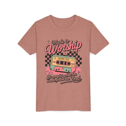 Made to Worship Youth Tee – Retro Cassette Christian Kids Shirt (Psalms 100:4)