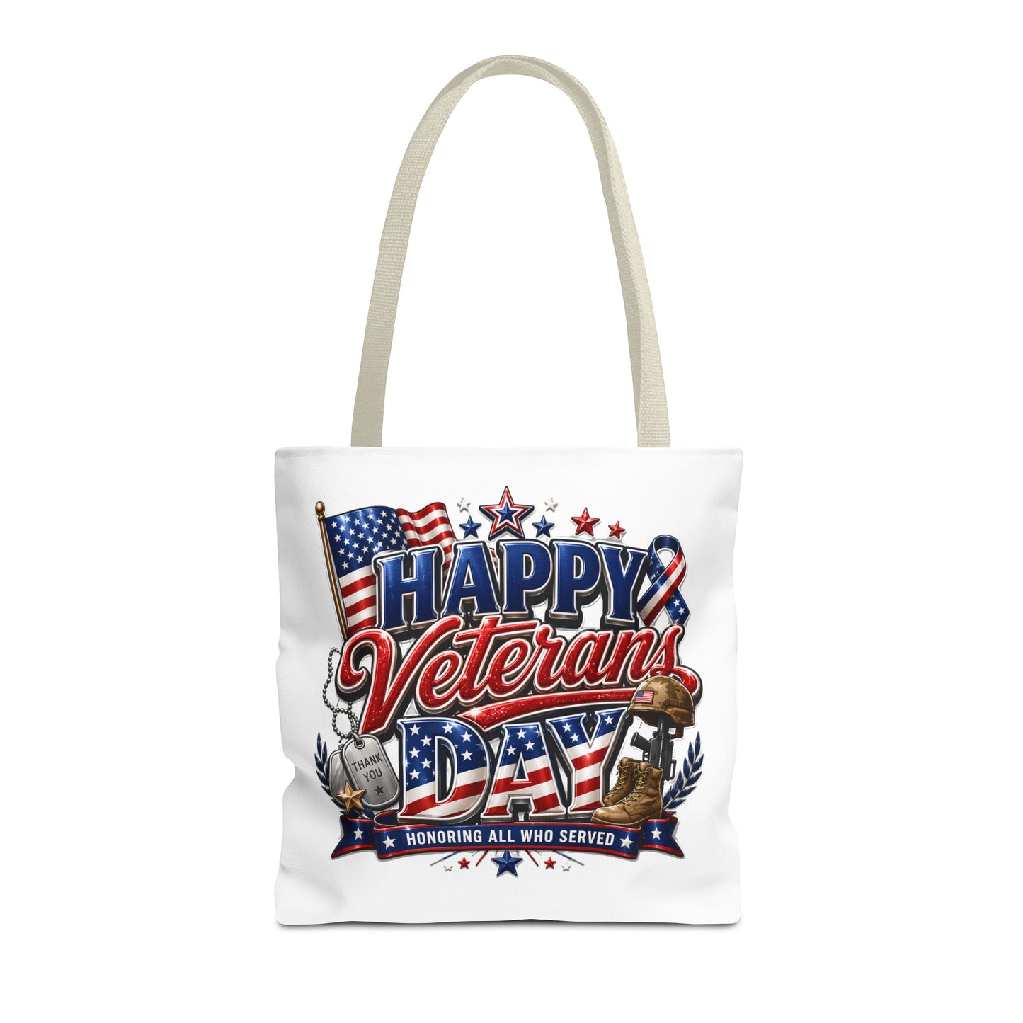 Veterans Day Tote Bag — "Happy Veterans Day" Patriotic All-Over Print