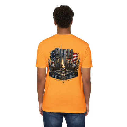 9/11 Never Forget Memorial T-Shirt — Tribute American Flag Skyline Tee