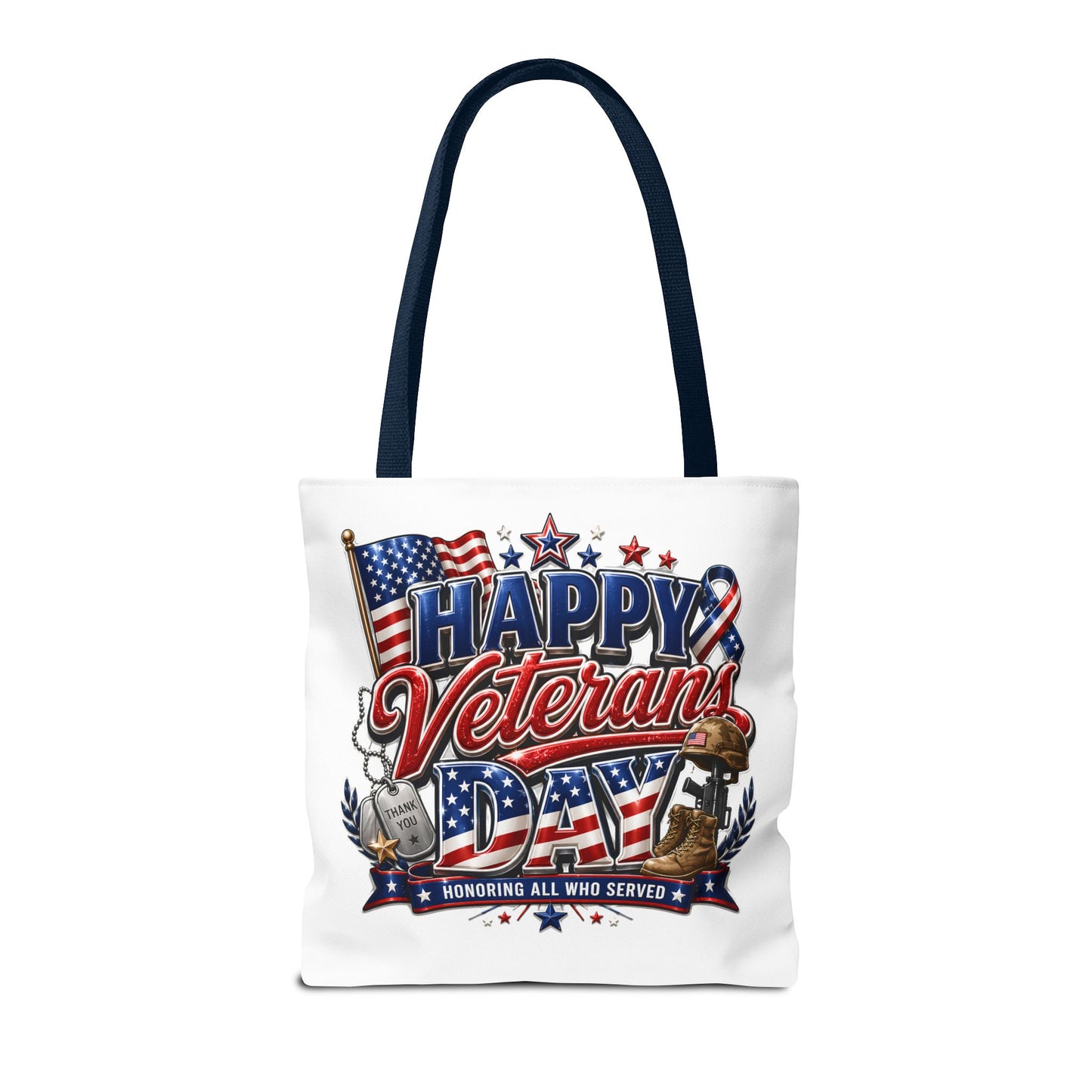 Veterans Day Tote Bag — "Happy Veterans Day" Patriotic All-Over Print