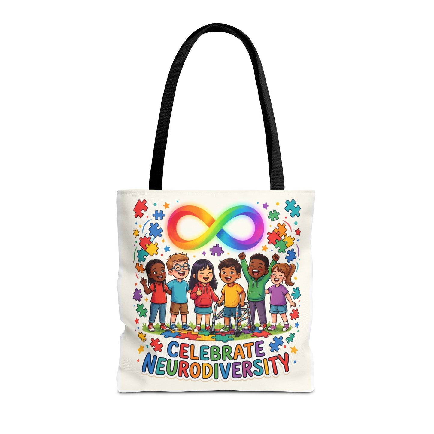 Celebrate Neurodiversity Tote Bag — Rainbow Infinity Symbol & Kids Design