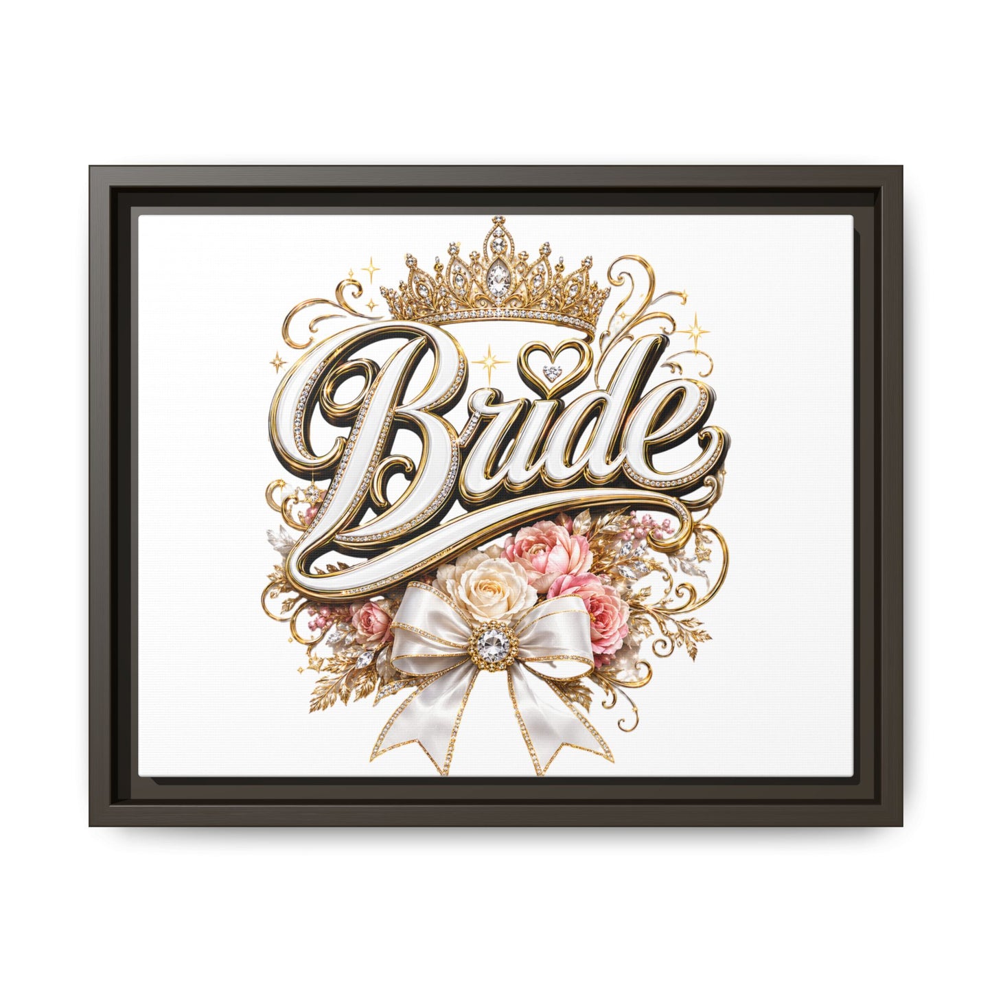 Framed Bride Canvas Wall Art — Elegant Bridal Crown & Floral Wedding Decor