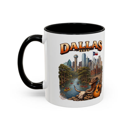 Dallas Skyline Accent Coffee Mug — Texas Souvenir Mug with Guitar & Cityscape