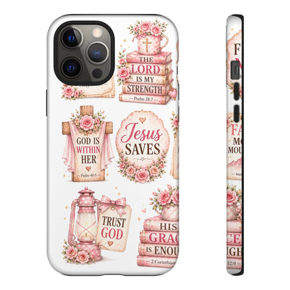 Christian Phone Case — Jesus Saves Floral Tough Case with 'God Is Within Her' & 'Trust God' Design