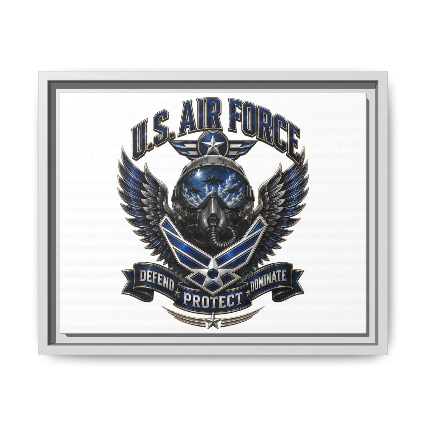 U.S. Air Force Emblem Framed Canvas Print – "Defend Protect Dominate" Military Wall Art