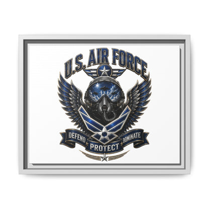 U.S. Air Force Emblem Framed Canvas Print – "Defend Protect Dominate" Military Wall Art