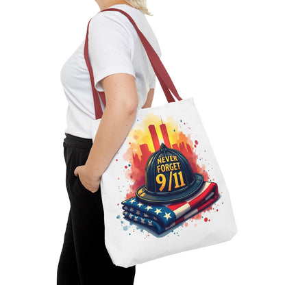 Never Forget 9/11 Memorial Tote Bag — Firefighter Helmet & Flag Tribute