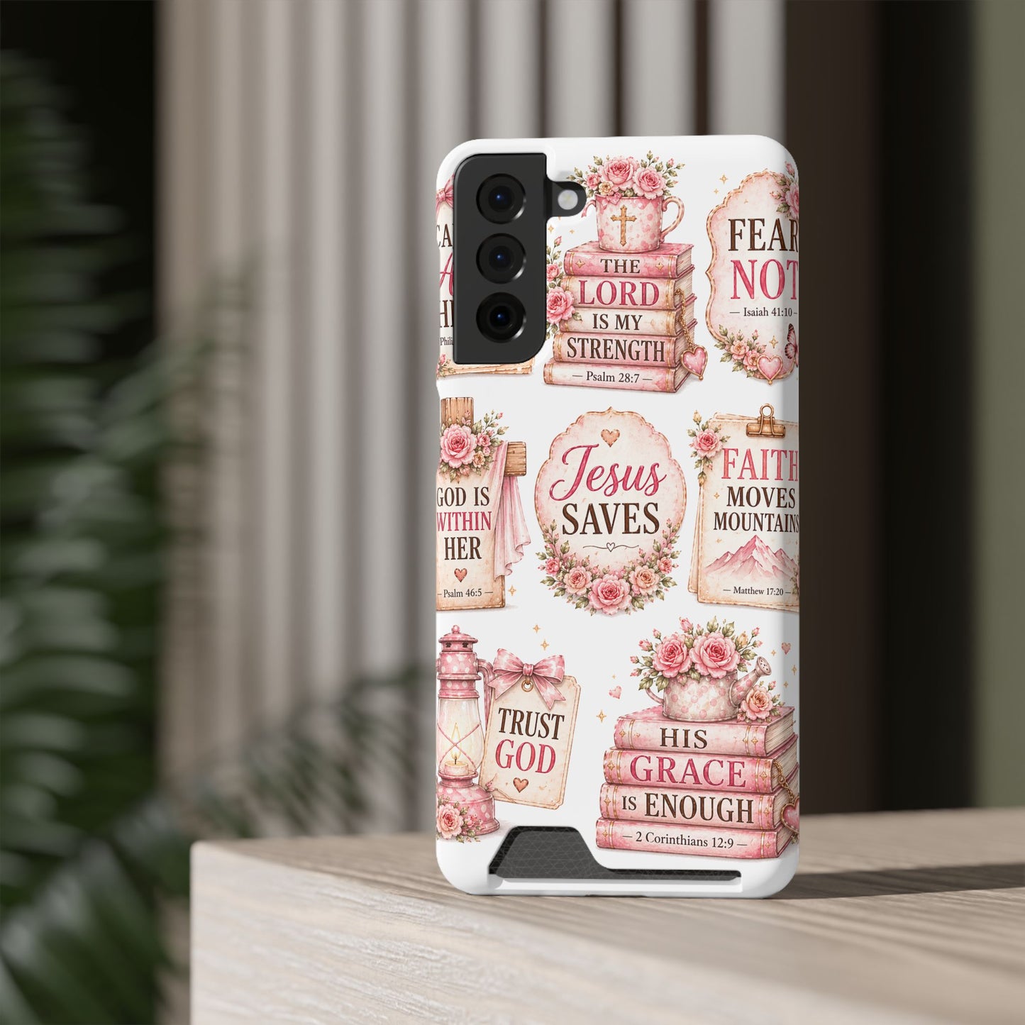Christian Phone Case with Card Holder — 'Jesus Saves' Floral Scripture Design