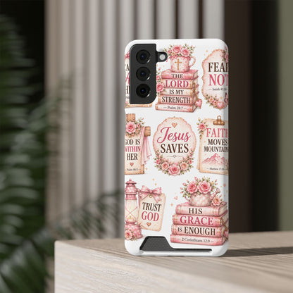 Christian Phone Case with Card Holder — 'Jesus Saves' Floral Scripture Design