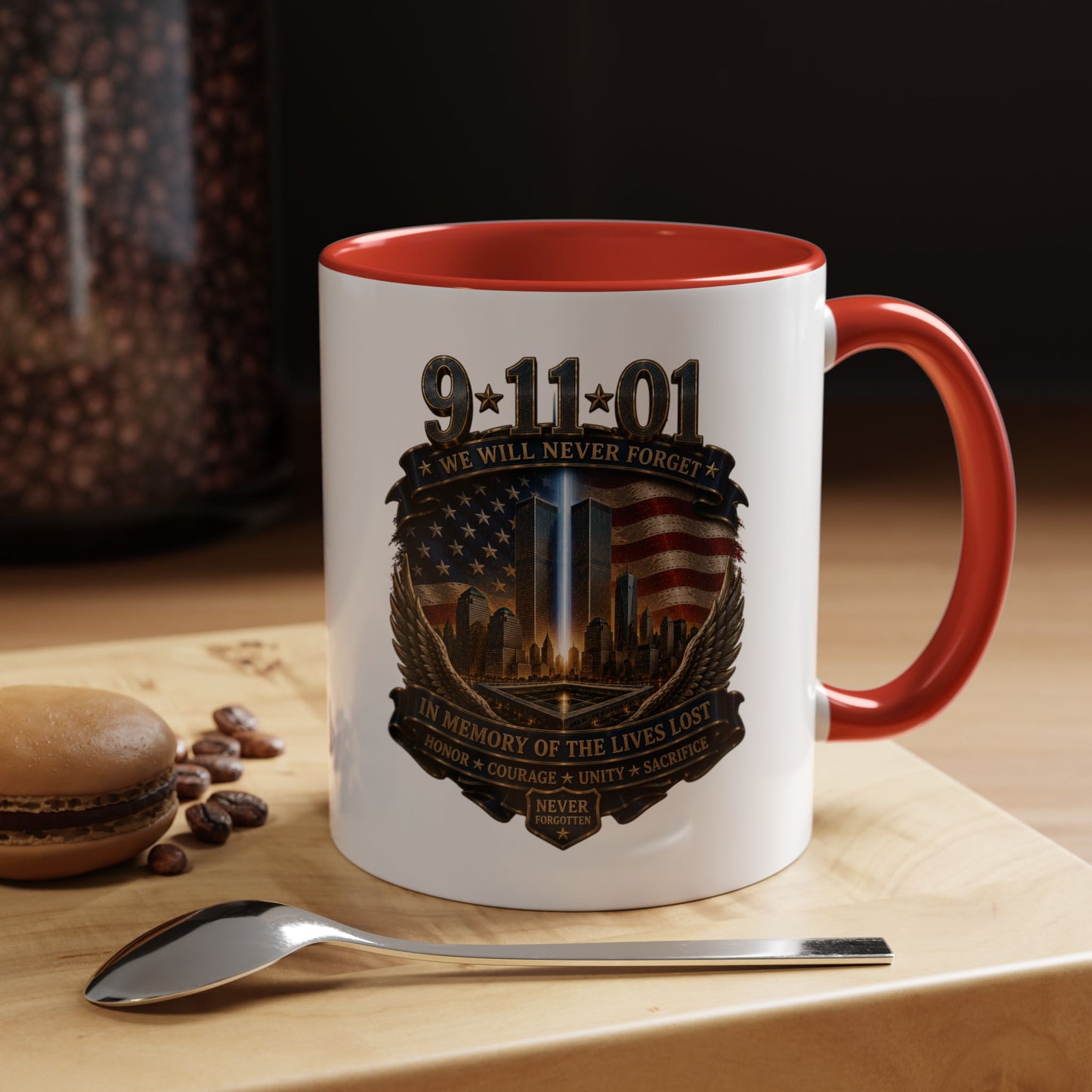 9/11 Memorial Coffee Mug — 'We Will Never Forget' Tribute Accent Mug