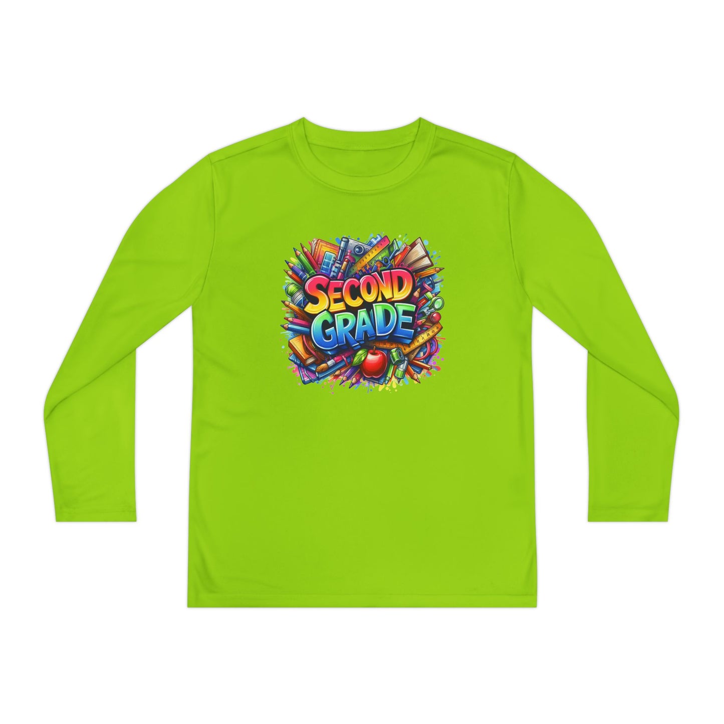 Second Grade Youth Long Sleeve Tee — Colorful School Supplies Back-to-School Shirt