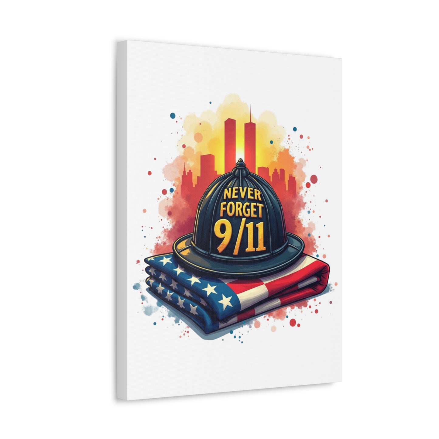 Never Forget 9/11 Stretched Canvas – Memorial Firefighter Helmet & American Flag Wall Art