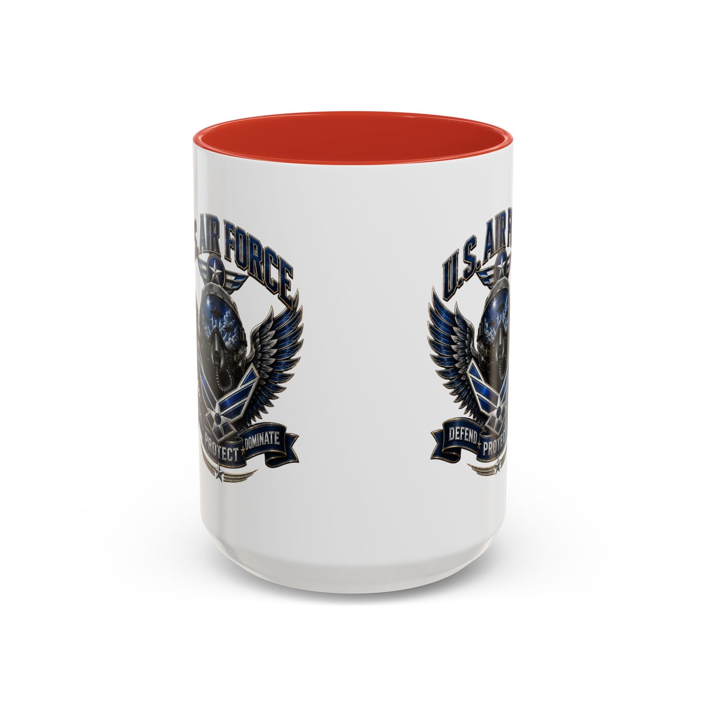 U.S. Air Force Emblem Accent Coffee Mug — Defend Protect Dominate (11/15oz)