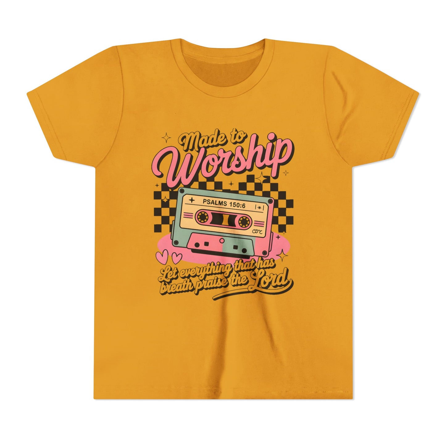 Made to Worship Youth Tee – Retro Cassette Christian Kids Shirt (Psalms 100:4)