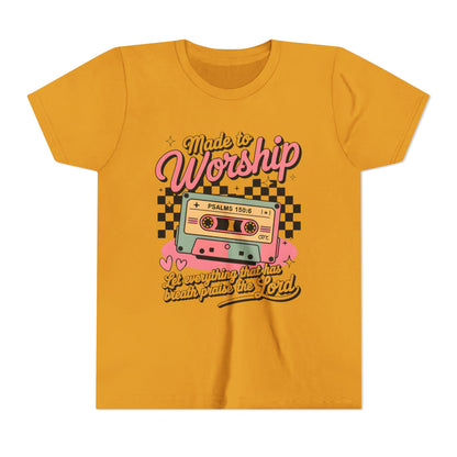 Made to Worship Youth Tee – Retro Cassette Christian Kids Shirt (Psalms 100:4)