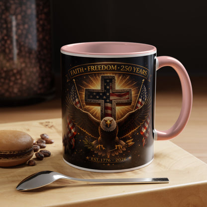 Patriotic Faith & Freedom Accent Coffee Mug — Eagle, Cross & American Flag (1776–2026)