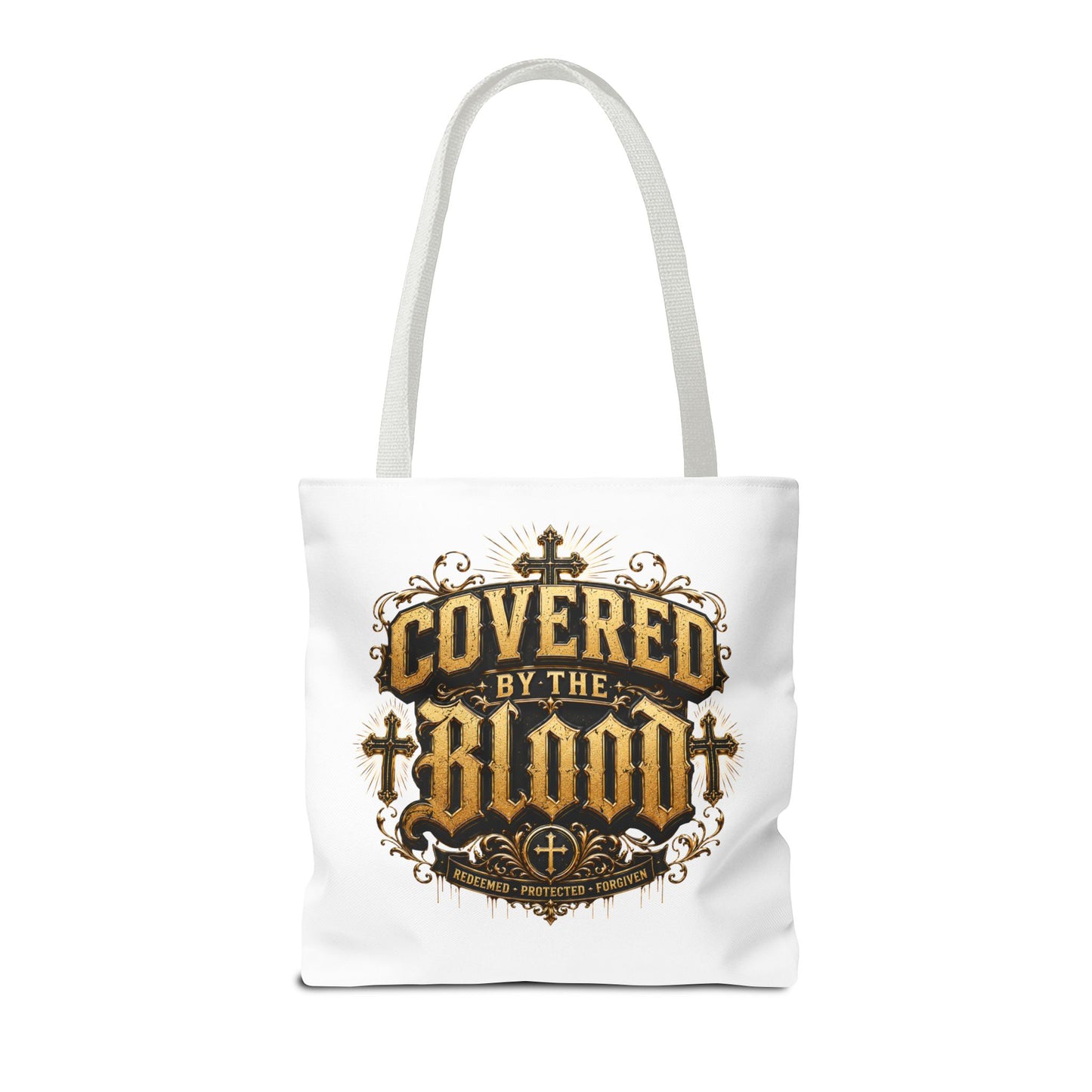 Covered by the Blood Tote Bag — Christian Cross Faith Canvas Tote