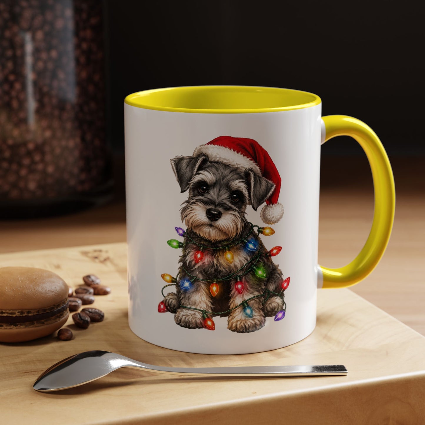 Christmas Puppy Coffee Mug — Schnauzer in Santa Hat with Holiday Lights (11/15oz)