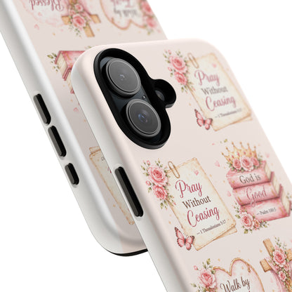 Christian Floral Phone Case — "Pray Without Ceasing" Faith Cross Design