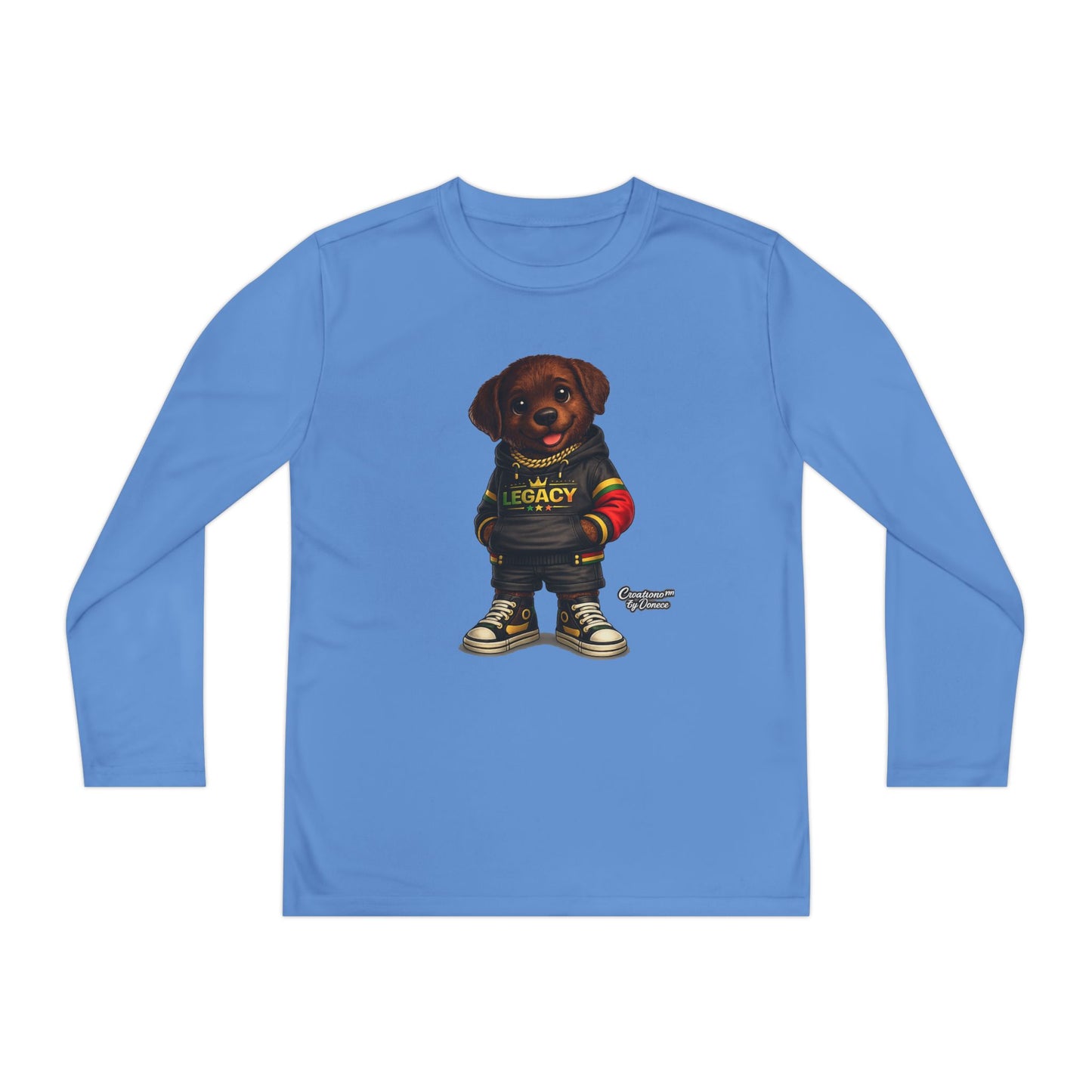 Kids Long Sleeve Tee — Brown Puppy Wearing 'Legacy' Hoodie Graphic