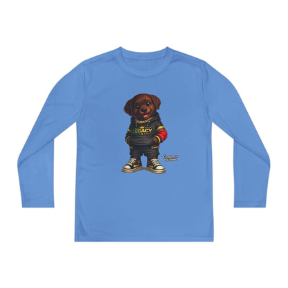 Kids Long Sleeve Tee — Brown Puppy Wearing 'Legacy' Hoodie Graphic