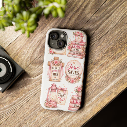 Christian Phone Case — Jesus Saves Floral Tough Case with 'God Is Within Her' & 'Trust God' Design