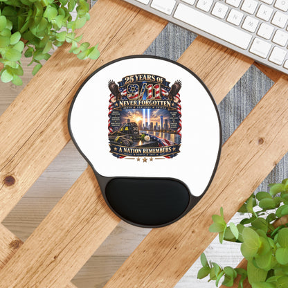 9/11 Memorial Mouse Pad with Wrist Rest — "25 Years of 9/11 Never Forgotten" Commemorative Desk Mat