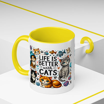 Life Is Better With Cats Accent Coffee Mug – Cute Kitten Ceramic Tea Cup (11/15oz)