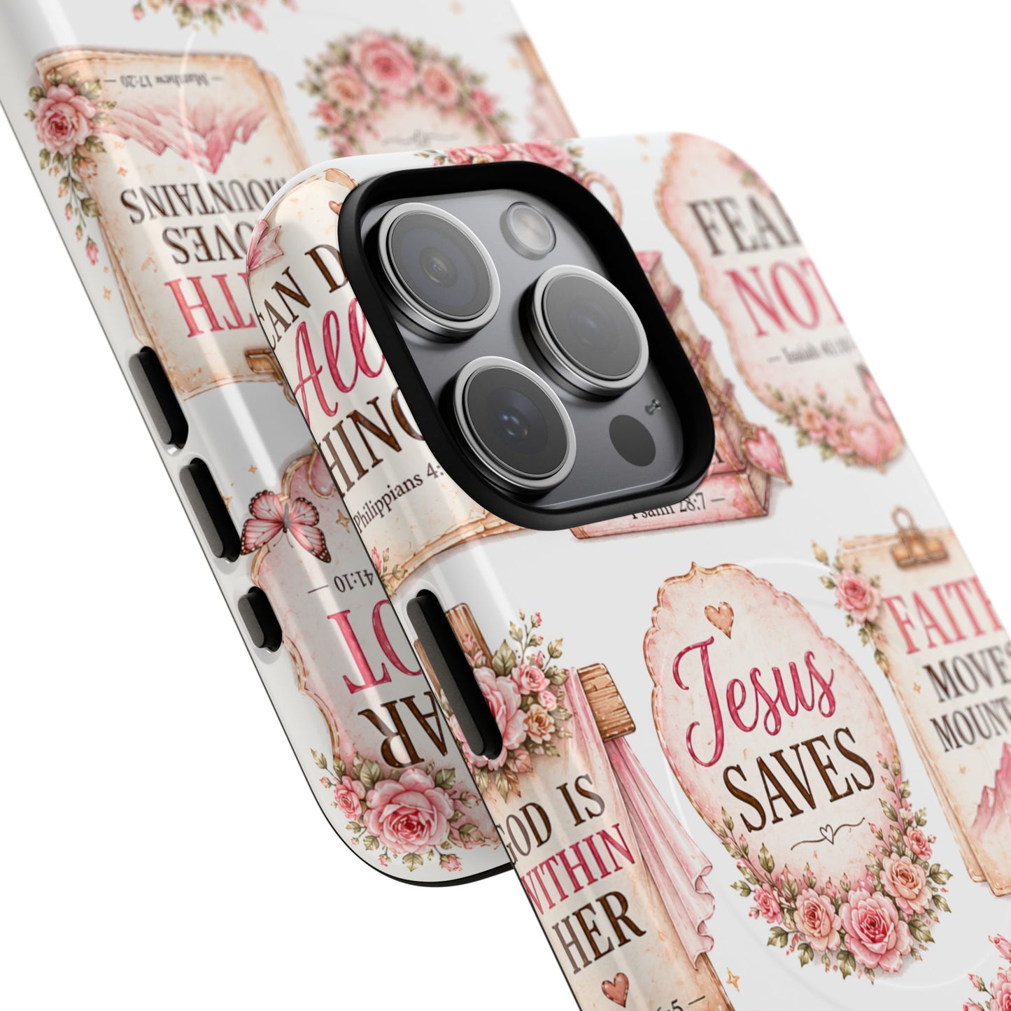 Christian Faith iPhone Tough Magnetic Case — 'Jesus Saves' Floral Scripture Design (Fear Not, Faith Moves Mountains)