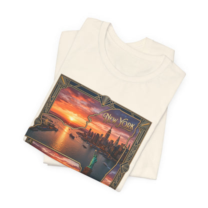 New York Sunset Skyline Tee — Statue of Liberty Vintage Travel T‑Shirt