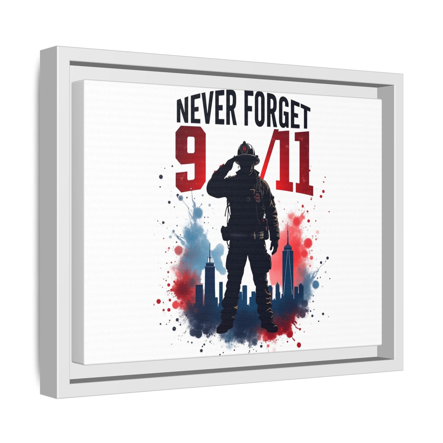 Never Forget 9/11 Framed Canvas Print — Patriotic Firefighter Memorial Art