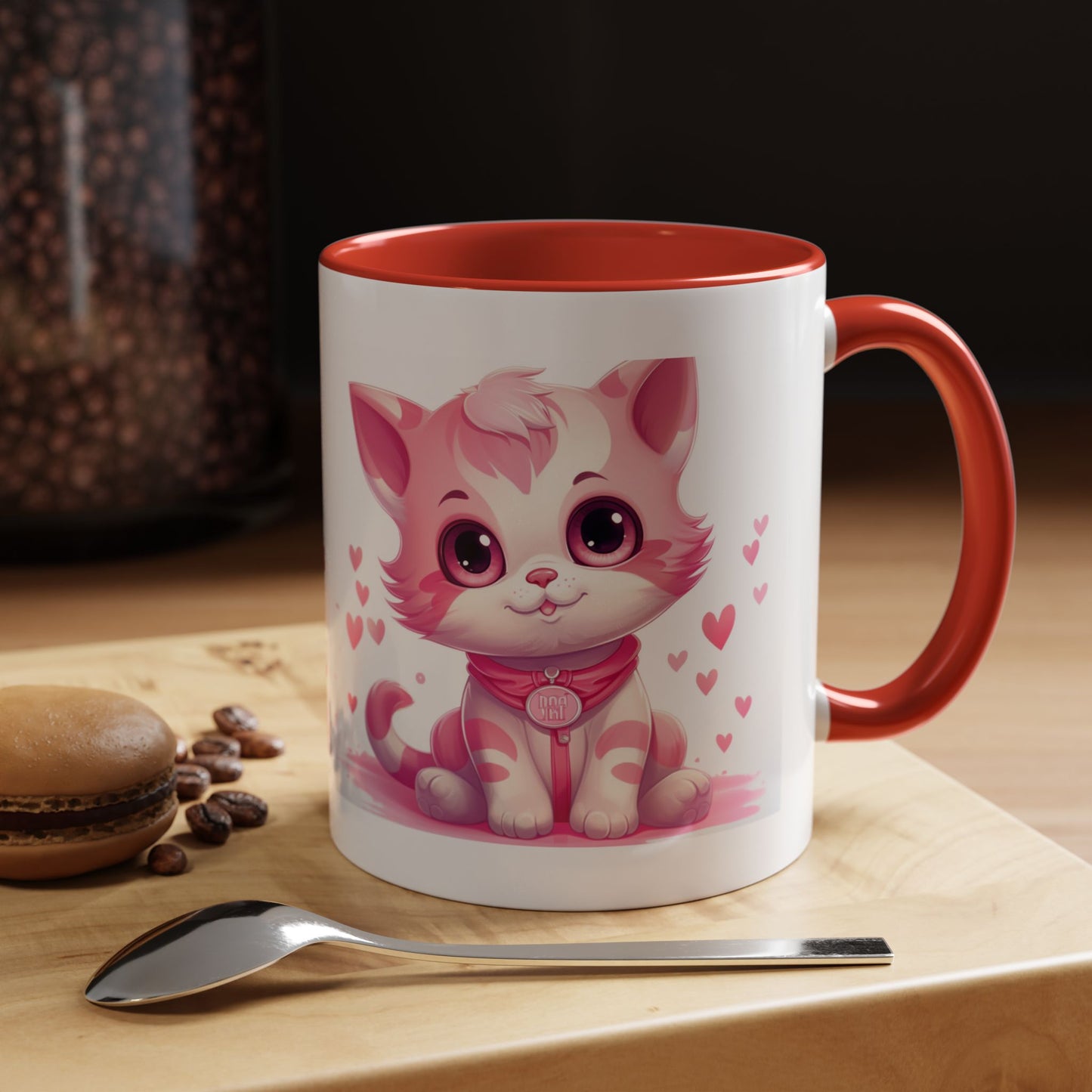 Pink Cute Kitten Coffee Mug — Cute Cat Accent Mug with Hearts (11/15oz)