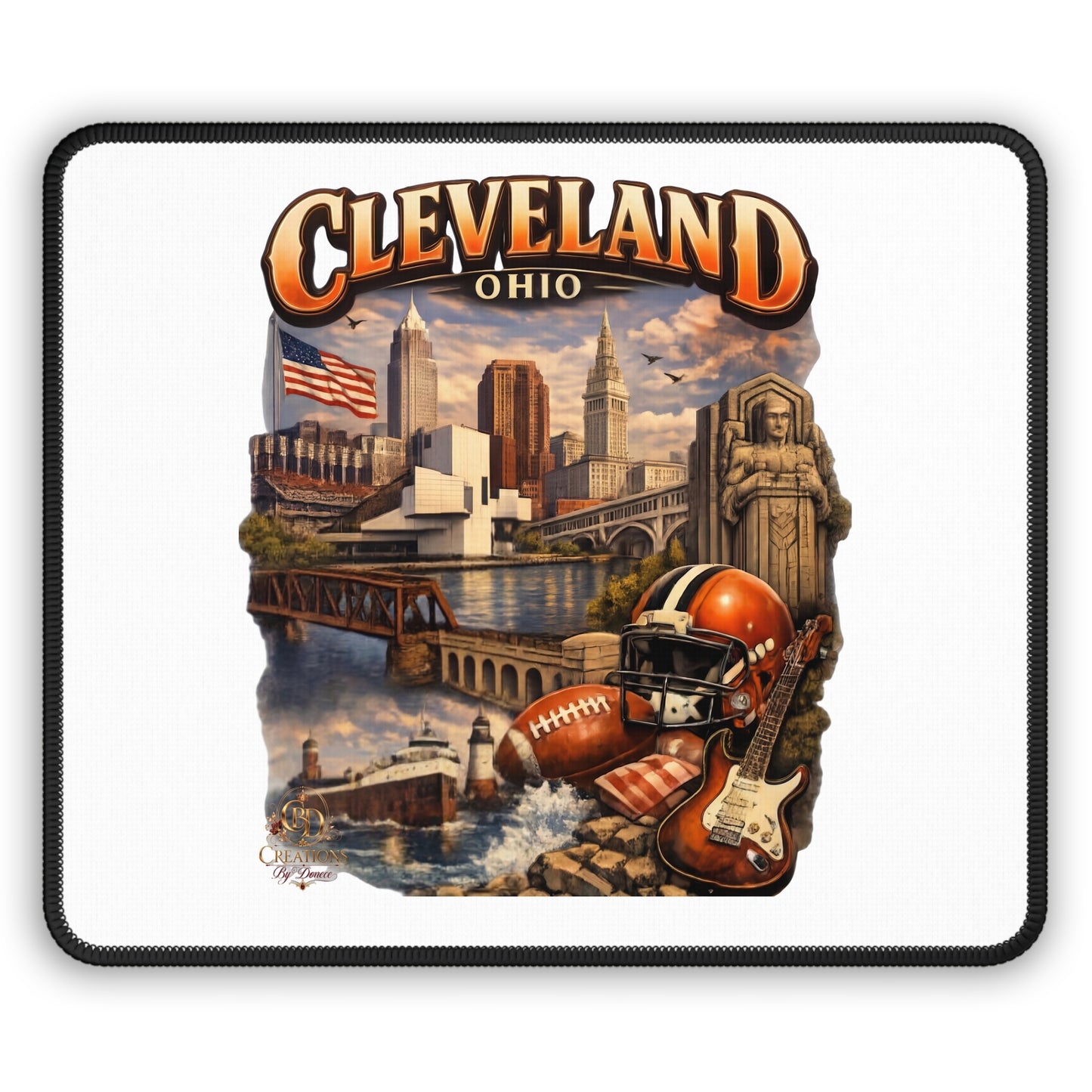 Cleveland Ohio Collage Gaming Mouse Pad — City Skyline, Football & Music Graphic
